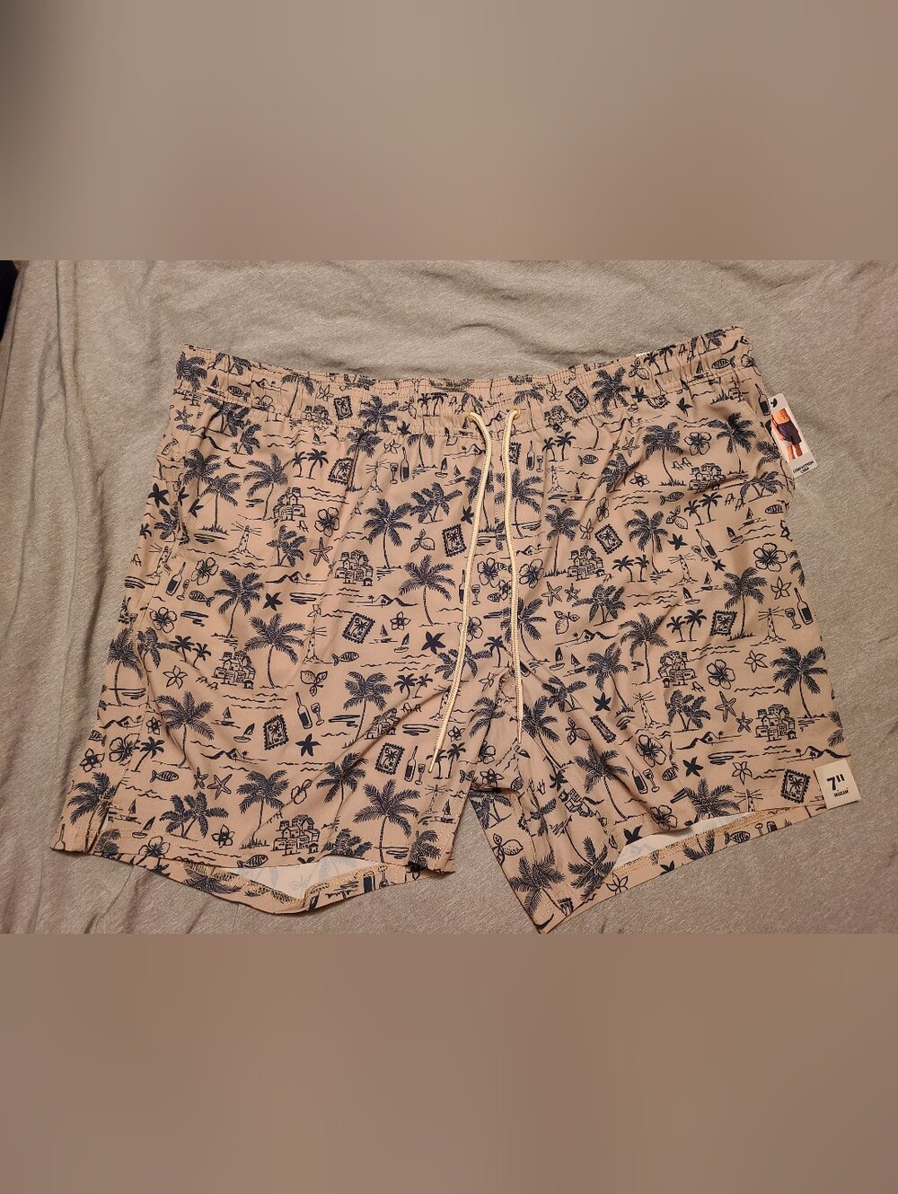 Mens George 2X (44-46) Tan & Navy Tropical Print Shorts Swim Trunks 7" Inseam